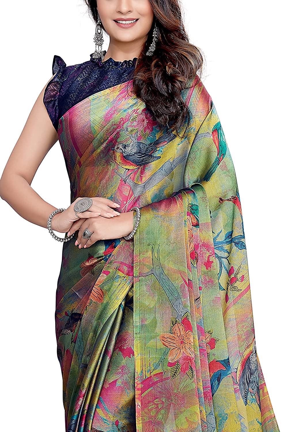 Women's Chiffon Forest Floral Designer Saree with Chevron Blouse
