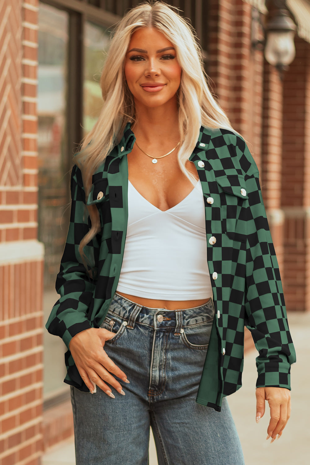 Checker Flap Pocket Button Front Shacket