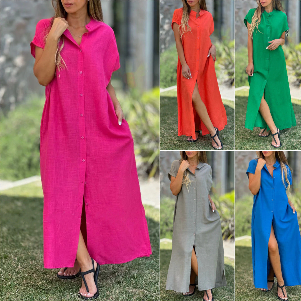 Cotton and Linen Casual Short-Sleeved Cardigan Button Dress