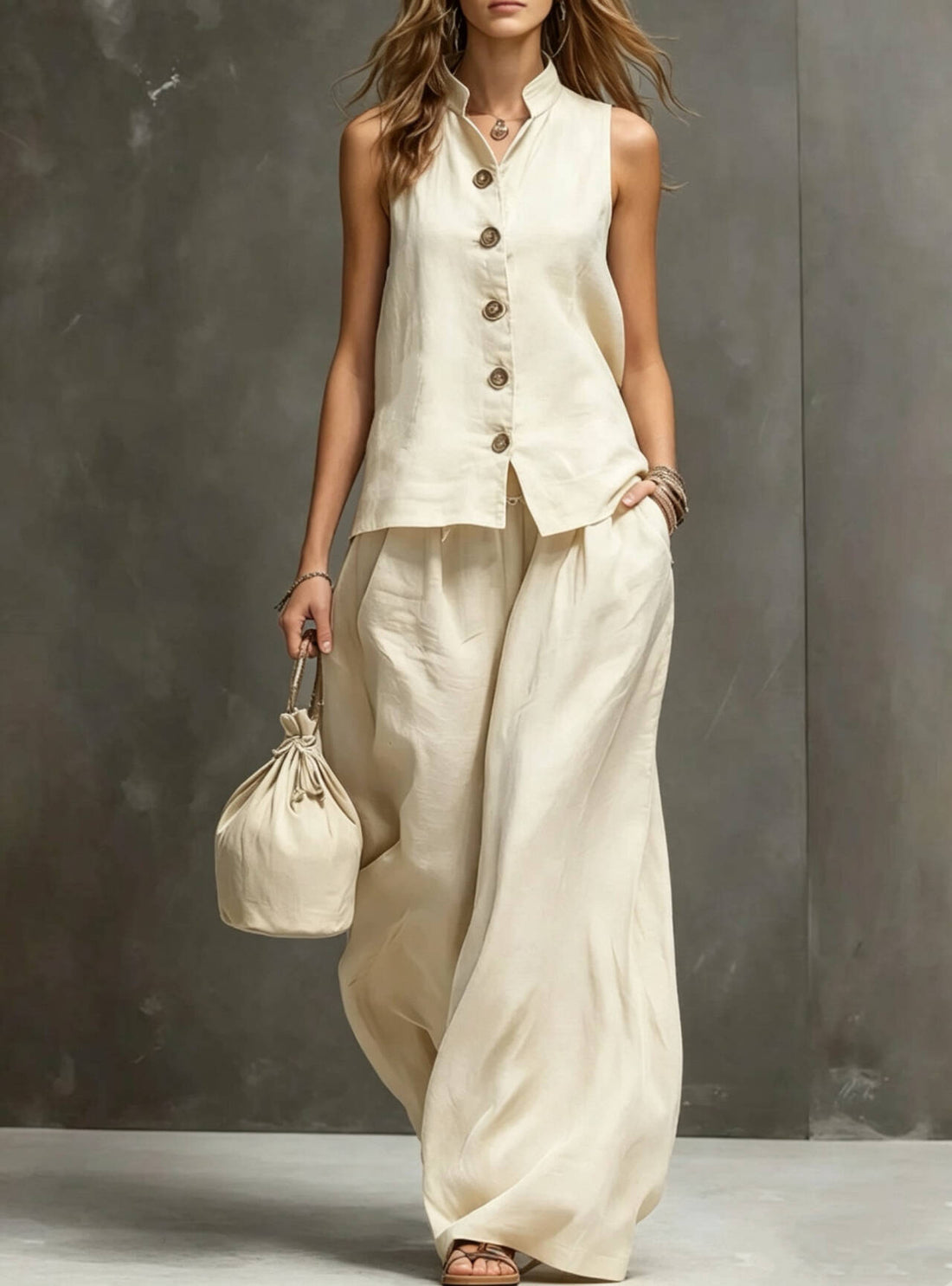 Sleeveless Vest & Wide-Leg Pants Two-Piece Cotton Linen Set