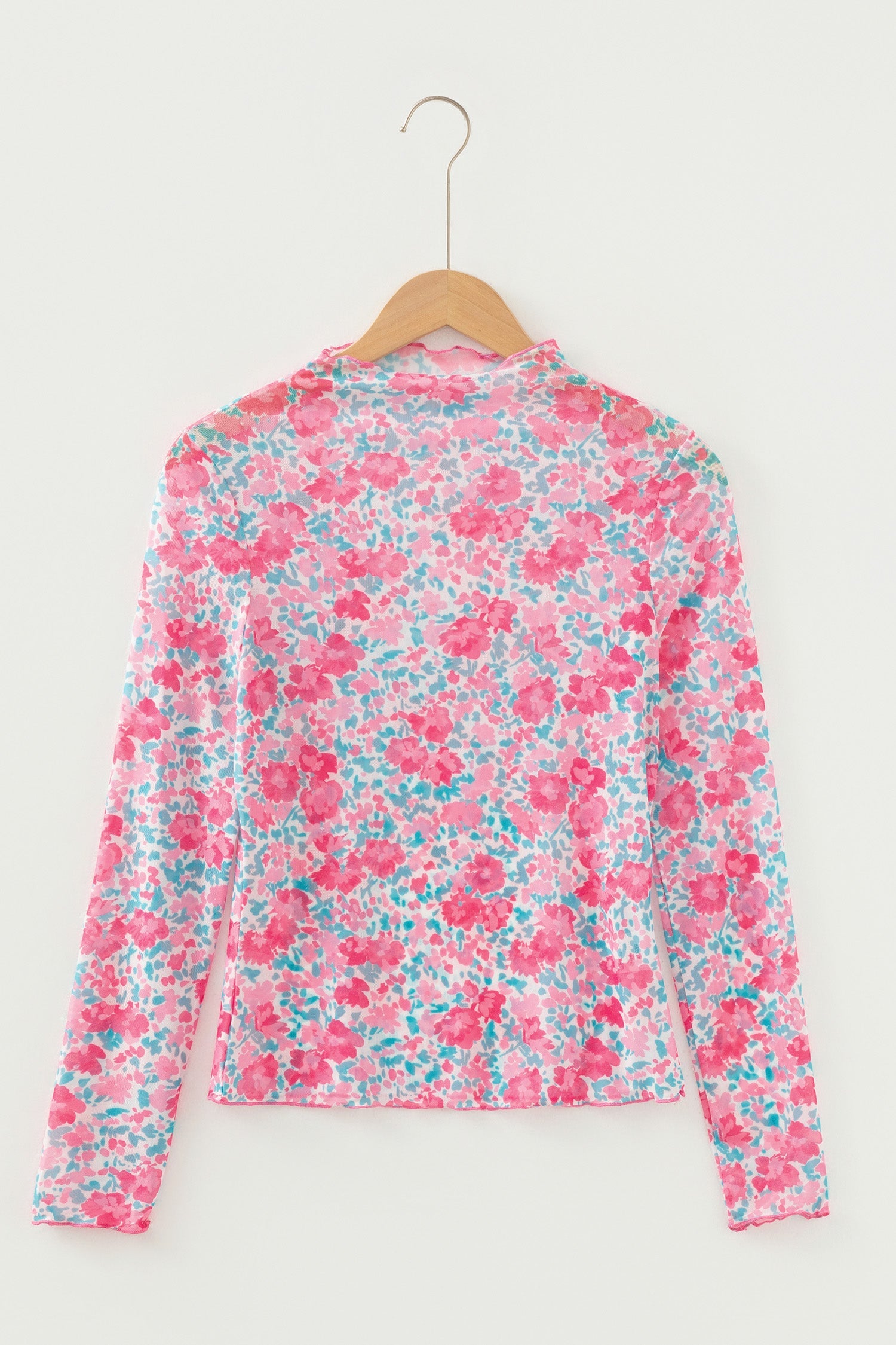 Pink Slim Fit Floral Mesh Long Sleeve Mock Neck Top