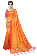 Orange and Pink ready-to-wear satin silk blend saree with matching blouse piece
