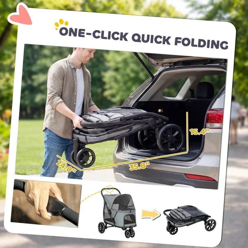 3 Wheel Pet Stroller with Easy One-Click Quick Fold, Mesh Window, Washable Cushion, for Medium Dogs
