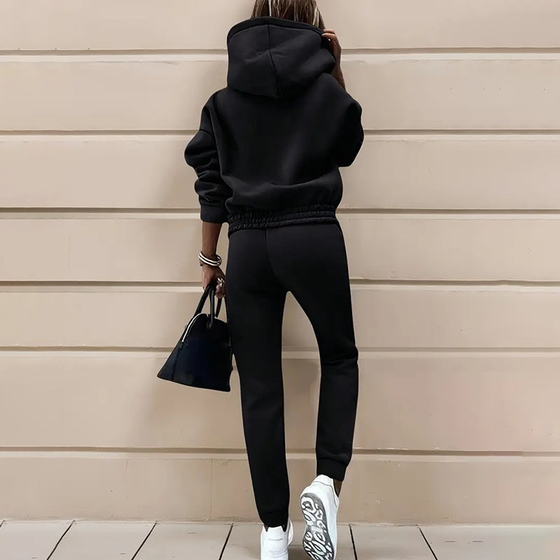 Women's Solid Color Hooded Sweatshirt and Slim Jogger Set - Image 7