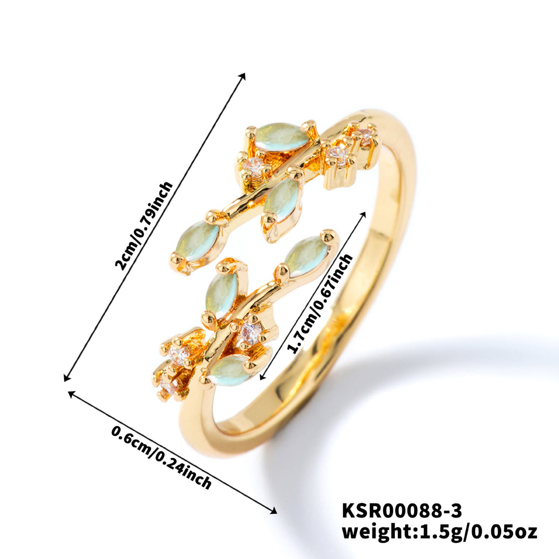 Bohemian Leaf Ring with Zircon Inlay, Nature-Inspired Jewelry