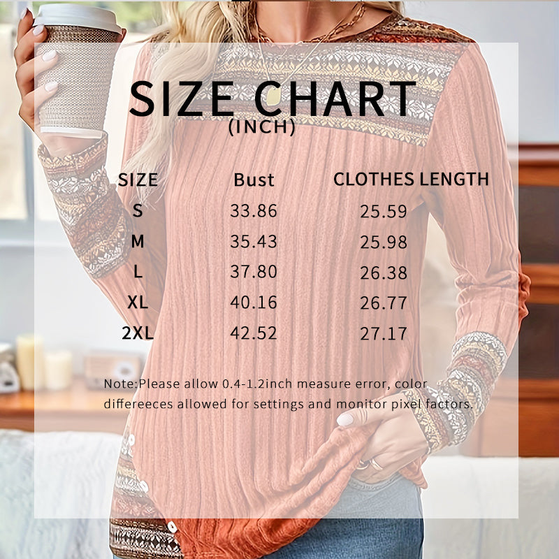 Women's Rust Geometric Pattern Long Sleeve Ribbed Pullover Top - Image 6