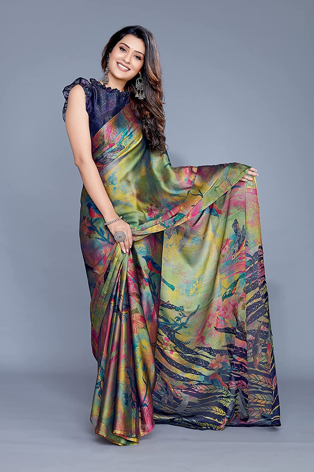 Women's Chiffon Forest Floral Designer Saree with Chevron Blouse