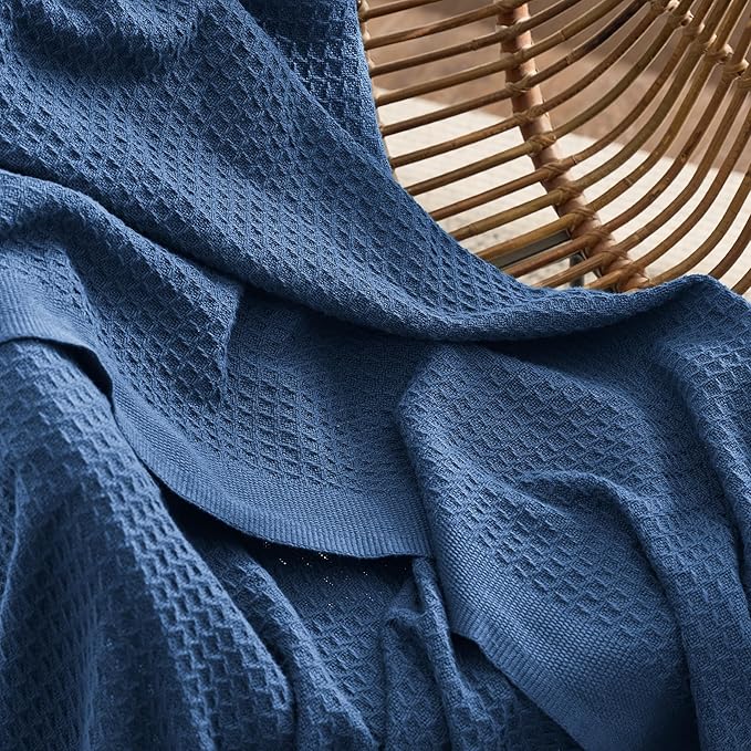Bedsure 100% Cotton Large Blanket Oversized King for Bed - Breathable Thick Waffle Weave Blanket for Summer, Couch Cover, Navy, 120x94 inches