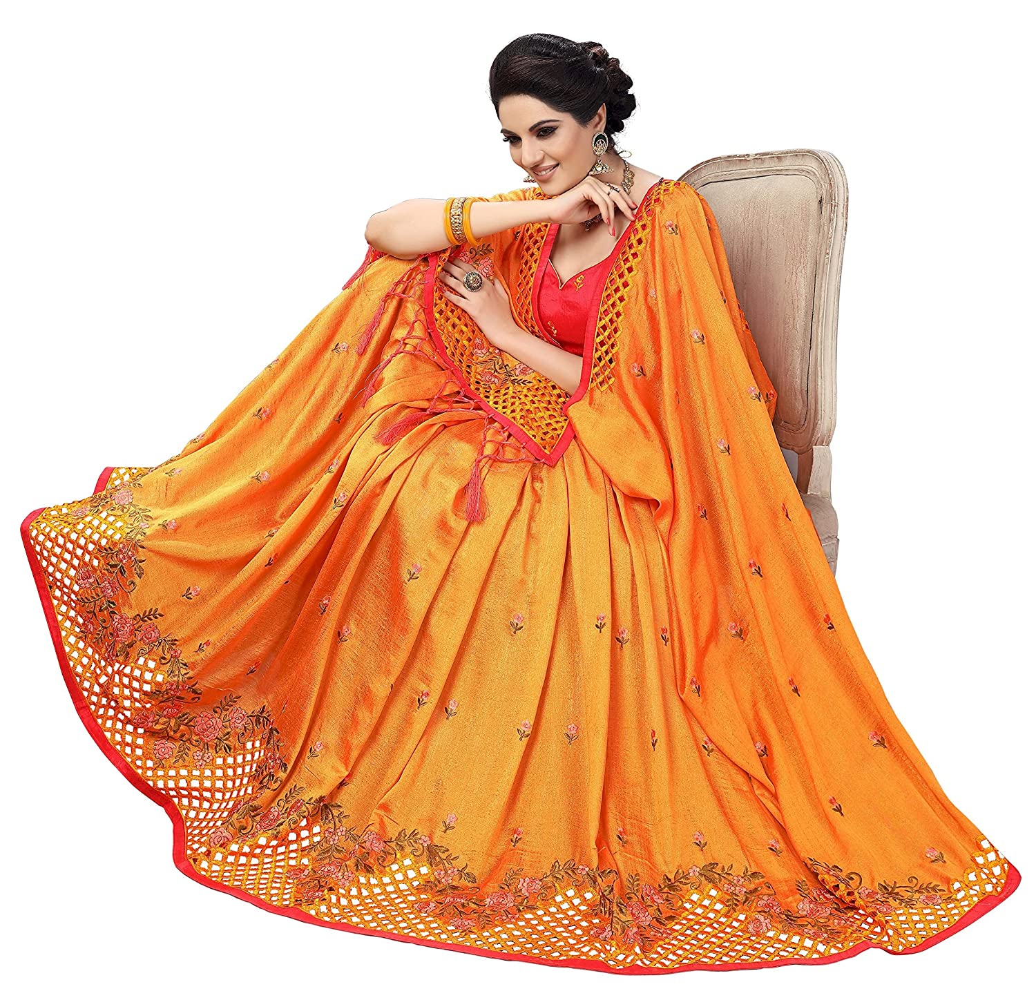Orange and Pink Satin Silk Blend Ready to Wear Saree