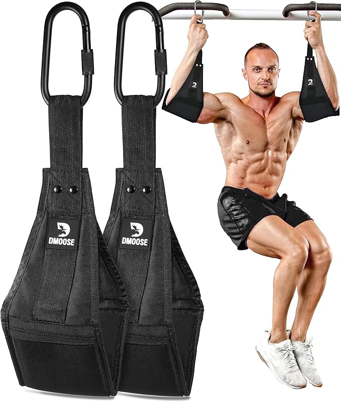 DMoose Fitness padded hanging ab straps attached to a pull-up bar for core strength training