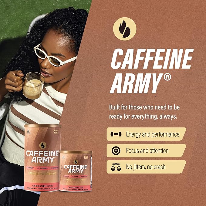 CAFFEINE ARMY Cappuccino | Comprehensive Functional Coffee with MCTs, CoQ10, Collagen and Adaptogens: Clean Energy + Supports Daily Attention, No Jitters or Crash (13.4 oz 38 Servings)