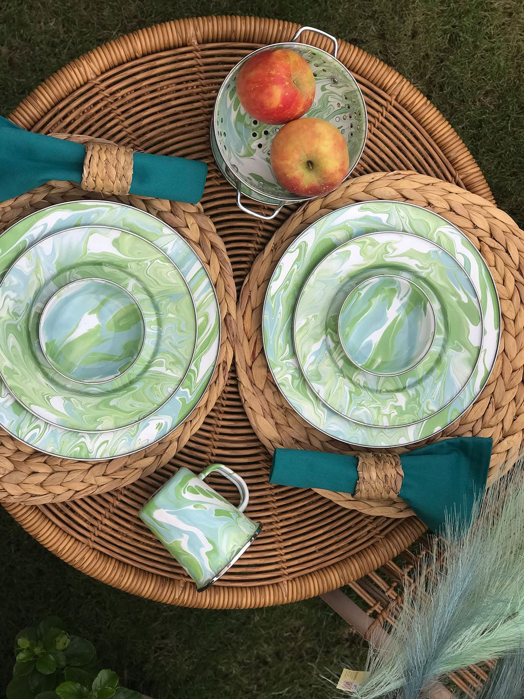 Modern Monet Enamelware Mixing Bowls, Set of 3 Green and Teal