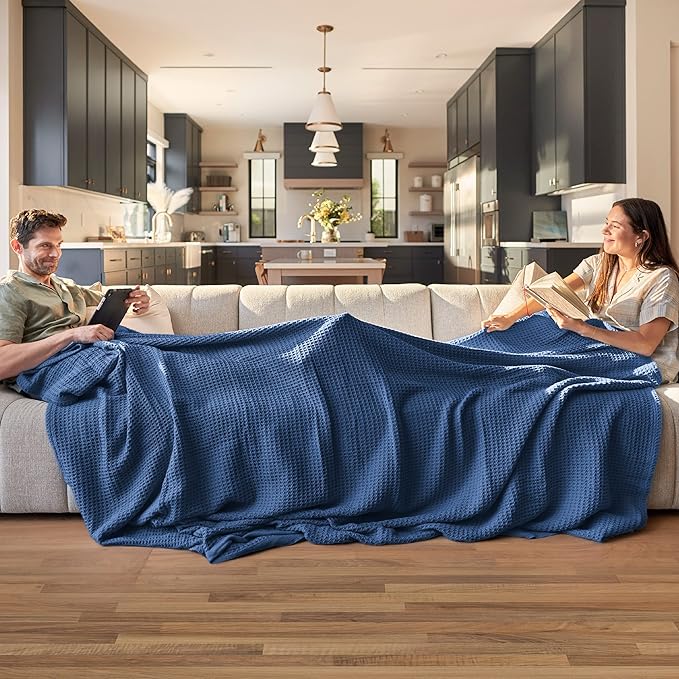 Bedsure 100% Cotton Blanket Twin XL Size for College Dorm - Breathable and Soft, Waffle Weave Twin Blanket for Summer, Dorm Room Essentials, Navy, 66x90 inches