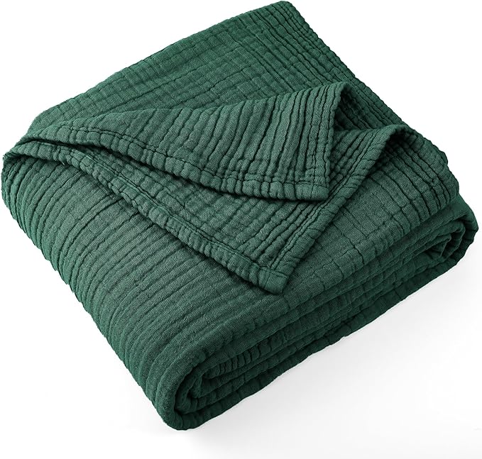 Carriediosa 100% Cotton Muslin Throw Blanket 90" X 90" Queen Size，4-Layers Summer Gauze Throws for Bed Couch，Soft Lightweight Breathable Linen Blankets Bedspread for Adults All Season，Dark Green