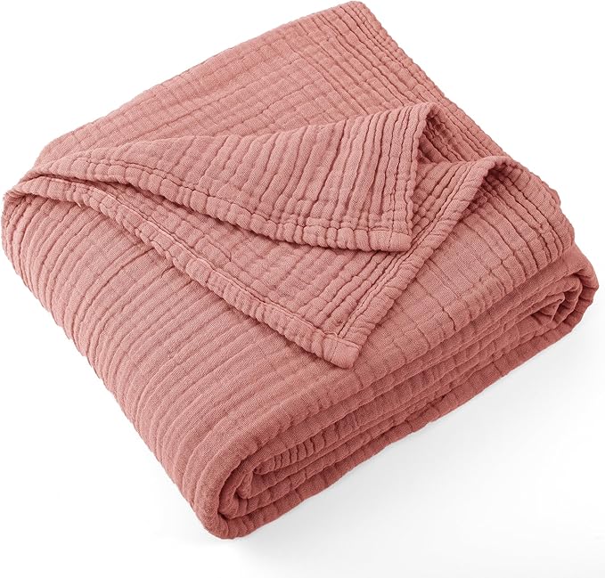 Carriediosa 100% Cotton Muslin Throw Blanket 66" X 90" Twin XL Size，4-Layers Summer Gauze Throws for Bed Couch，Soft Lightweight Breathable Linen Blankets Bedspread for Adults All Season，Mauve