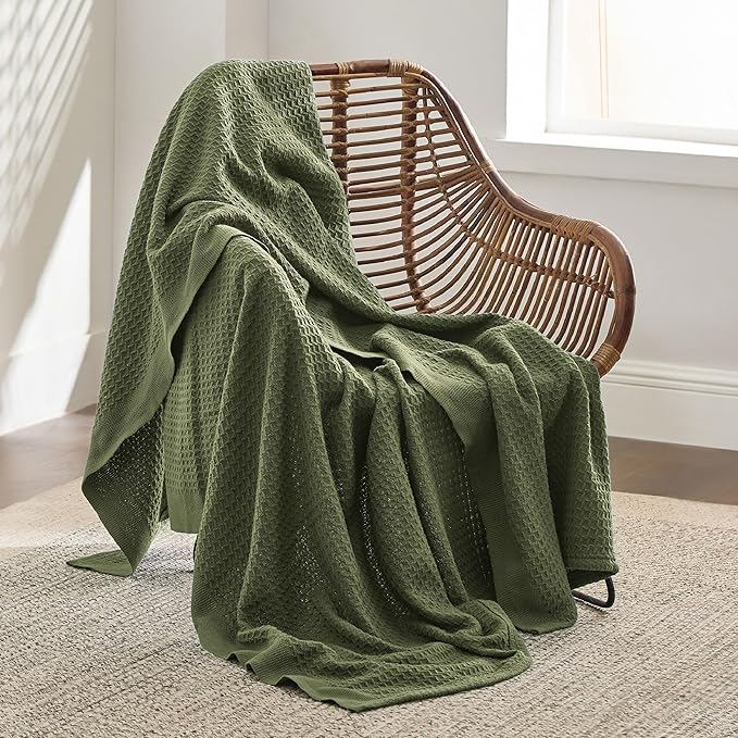 Bedsure 100% Cotton Blanket Twin XL Size for College Dorm - Breathable and Soft, Waffle Weave Twin Blanket for Summer, Dorm Room Essentials, Olive Green, 66x90 inches