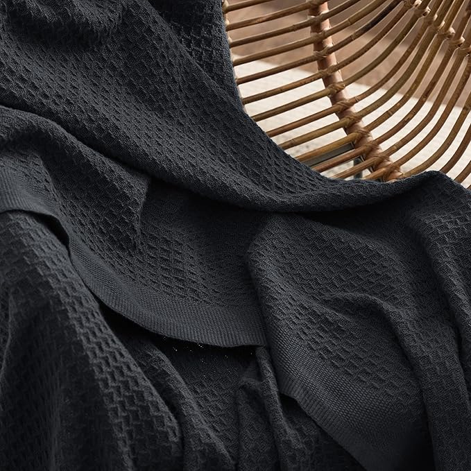 Bedsure 100% Cotton Blanket Queen Size for Bed - Breathable and Soft, Waffle Weave Blanket for Summer, Thick Cozy Fall Blankets for Women Gift, Black, 90x90 Inches