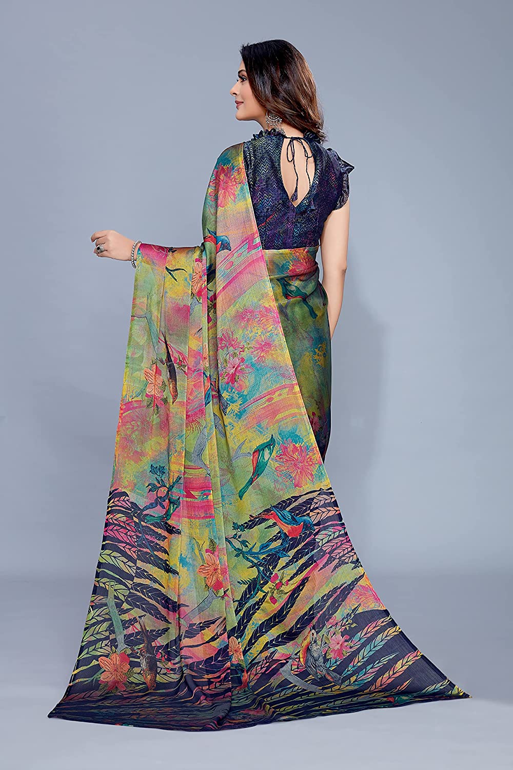 Women's Chiffon Forest Floral Designer Saree with Chevron Blouse