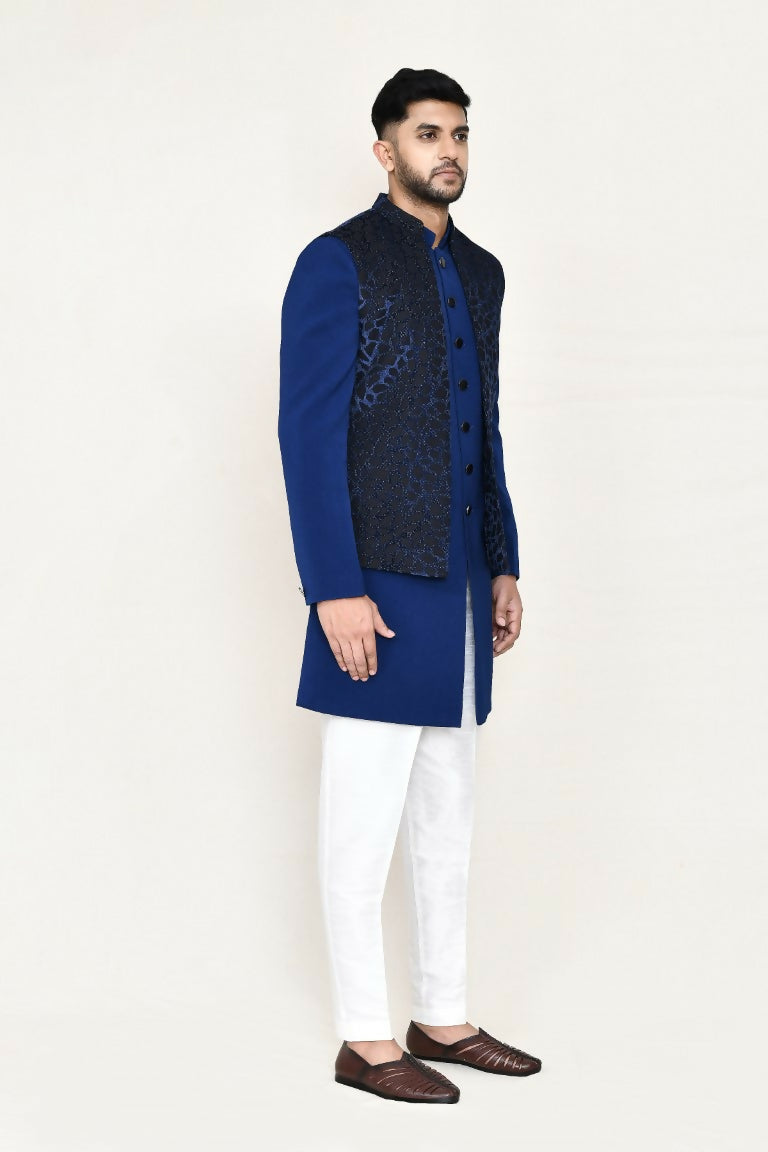 Blue imported jacquard open jacket with straight fit trousers, Indo-Western style