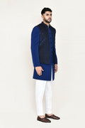 Blue imported jacquard open jacket with straight fit trousers, Indo-Western style