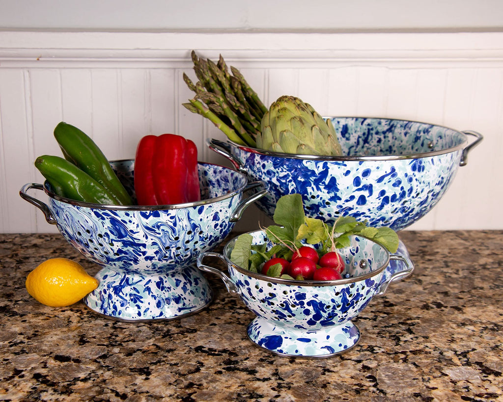 3 Quart Enamelware Colander in Blue and White Splatter Pattern