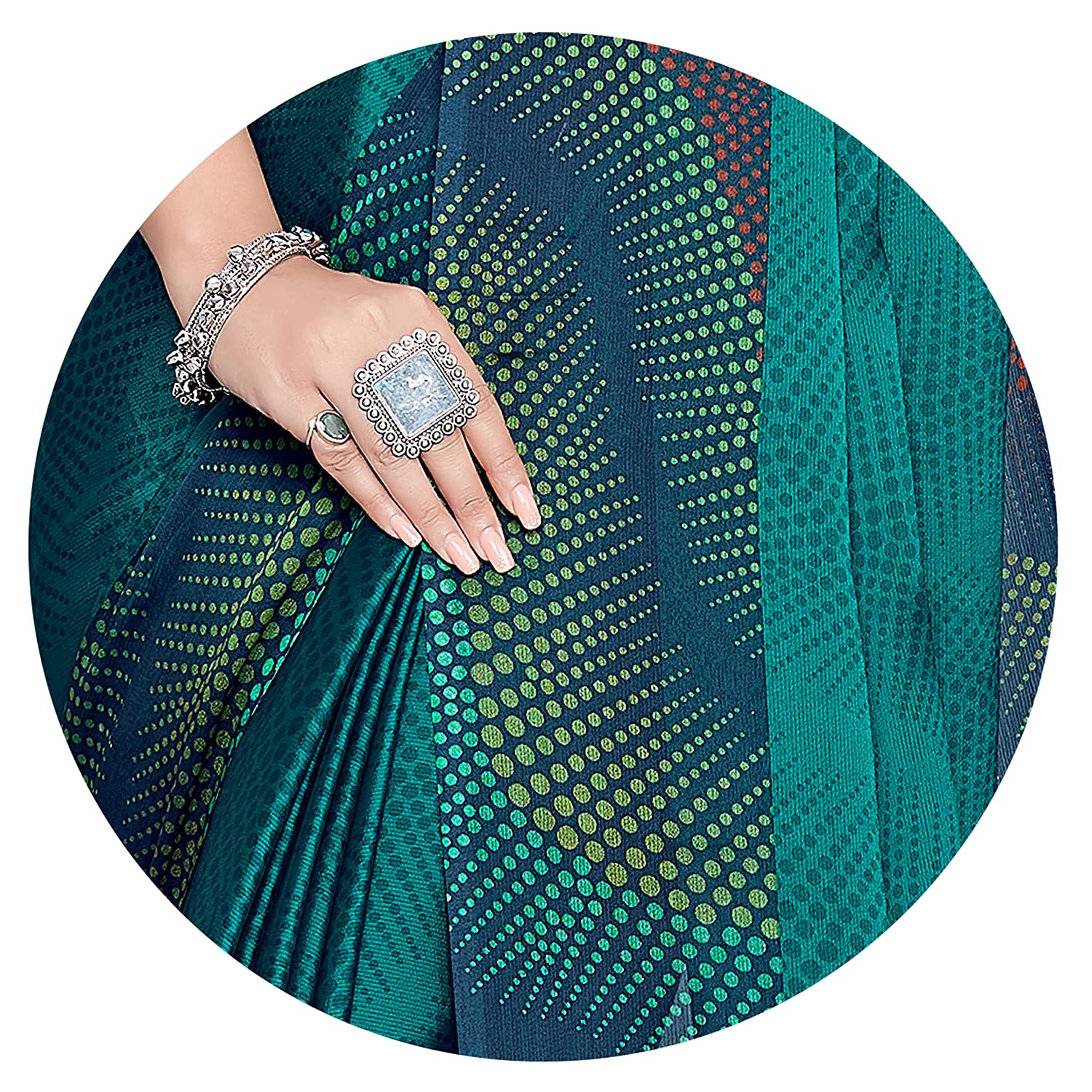 Teal Chiffon Saree with Colorful Moire Print for Festive Wear