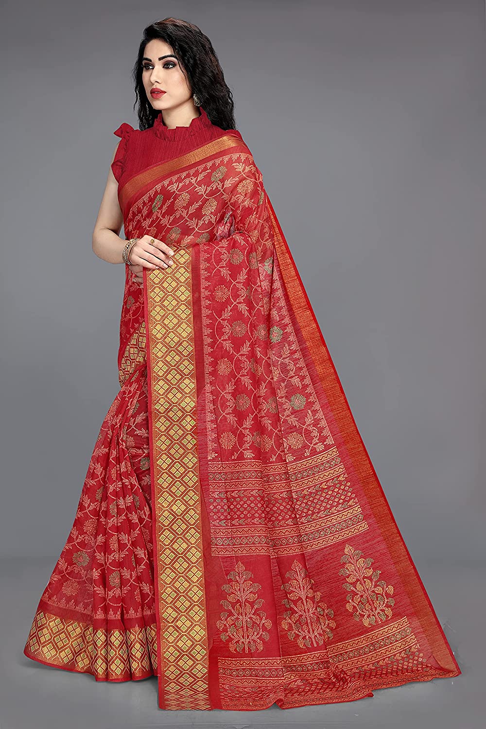 Women's Red and Yellow Kalamkari Printed Cotton Blend Saree