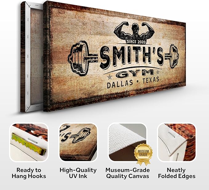 TAILORED CANVASES Personalized Gym Sign Wall Art Decor - Motivational Canvas s for Home Gym, Workout Room, Garage, Fitness Center - Workout Inspirational Posters - Gym Name on Rustic Copper, 20x10in