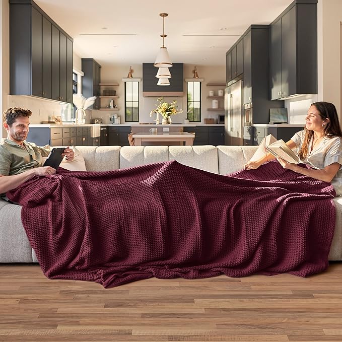 Bedsure 100% Cotton Blanket Twin XL Size for College Dorm - Breathable and Soft, Waffle Weave Twin Blanket for Summer, Dorm Room Essentials, Red, 66x90 inches