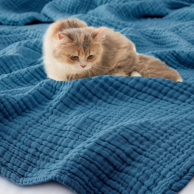 Carriediosa 100% Cotton Muslin Throw Blanket 66" X 90" Twin XL Size，4-Layers Summer Gauze Throws for Bed Couch，Soft Lightweight Breathable Linen Blankets Bedspread for Adults All Season，Dusty Blue