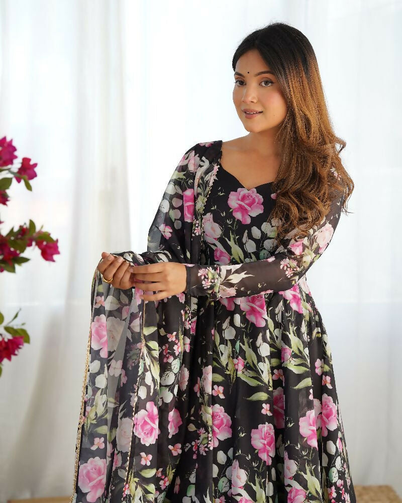 Black Organza Kurta Set with Sequin Embroidery and Cotton Bottom