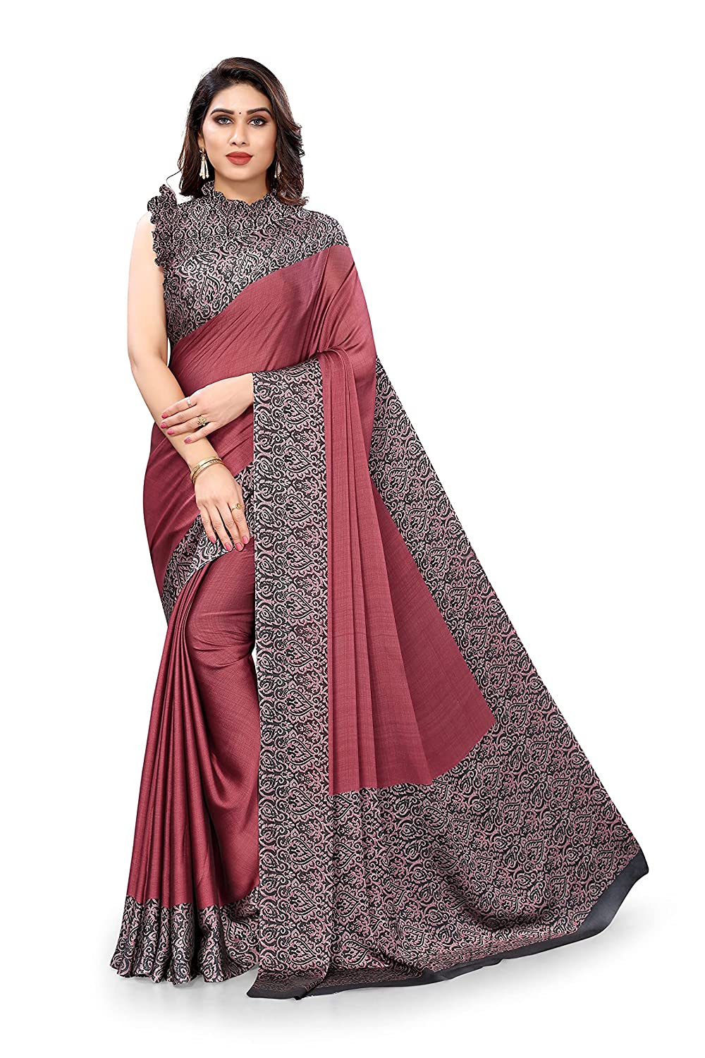 Pink and black chiffon saree with Kalamkari prints and a contrast border