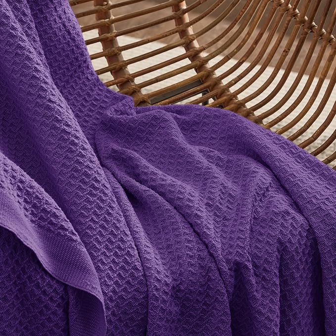 Bedsure 100% Cotton Blanket Queen Size for Bed - Breathable and Soft, Waffle Weave Blanket for Summer, Thick Cozy Fall Blankets for Women Gift, Purple, 90x90 Inches