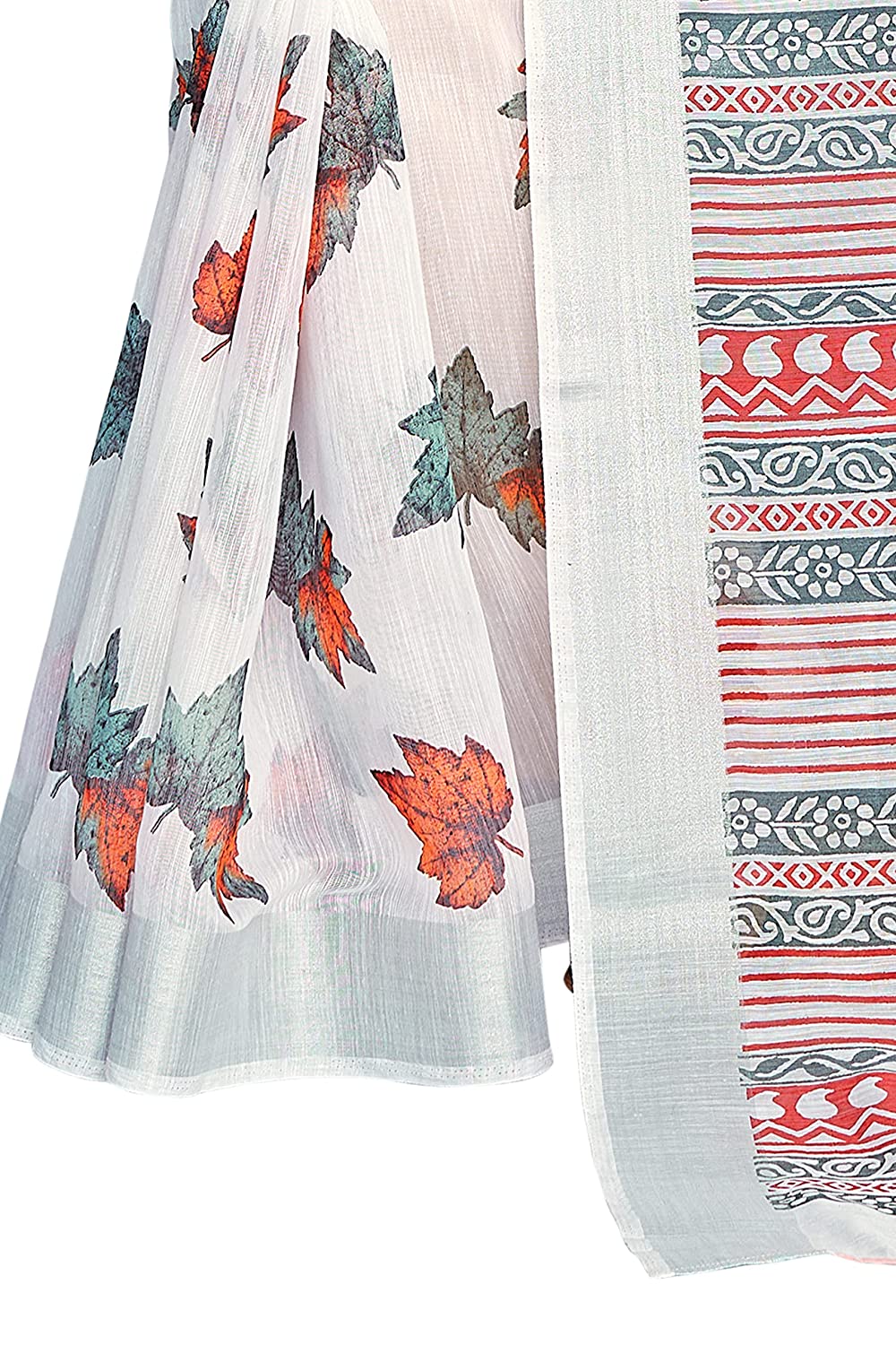 Women's White Cotton Blend Saree with Blossom Leaf Print