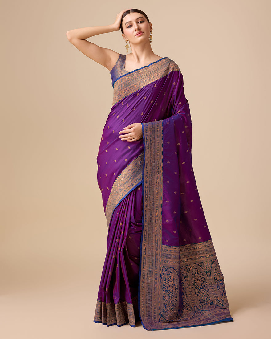 Dark Purple Banarasi Silk Saree with intricate Brocade Zari work