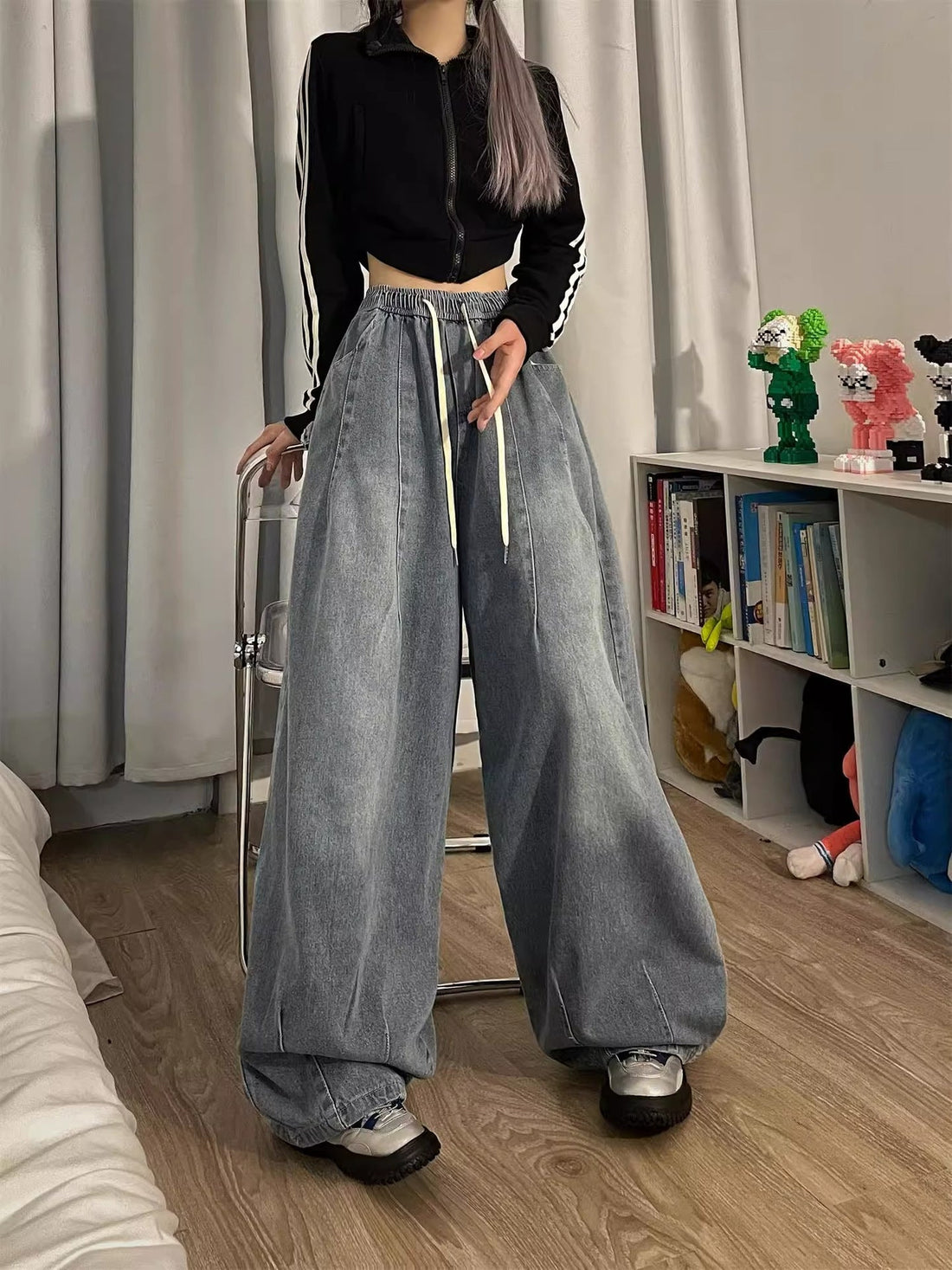 Women's Vintage Baggy Denim Jeans - Elastic Waist Wide Leg Style - Image 4