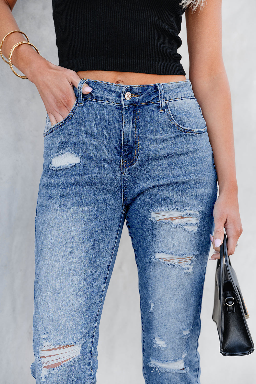 Georgia High-Rise Distressed Skinny Capri Jeans in Medium Blue