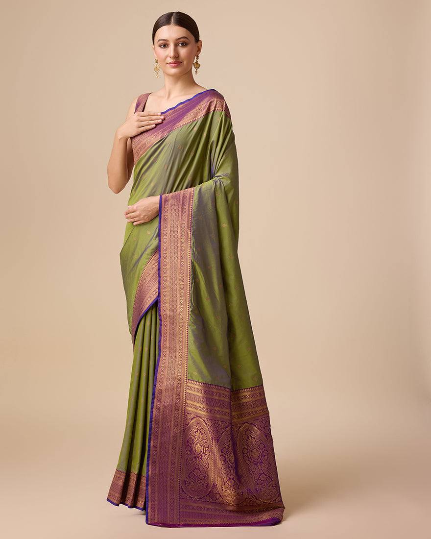 Olive Green Banarasi Silk Saree with Brocade Pattern