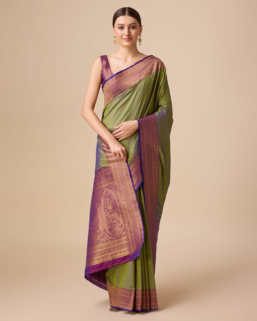 Olive Green Banarasi Silk Saree with Brocade Pattern