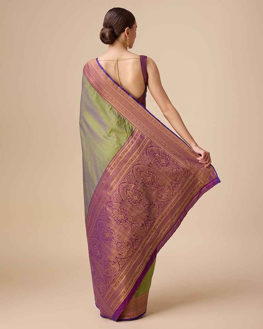 Olive Green Banarasi Silk Saree with Brocade Pattern