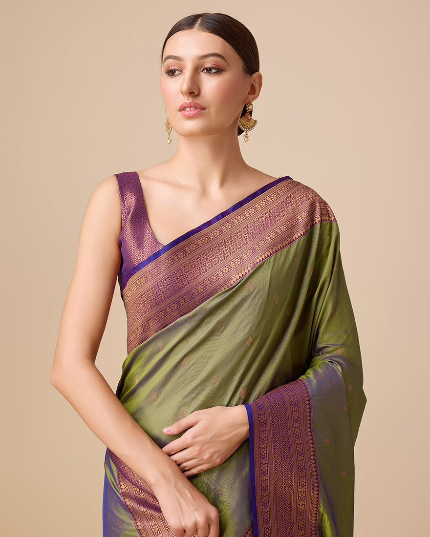 Olive Green Banarasi Silk Saree with Brocade Pattern