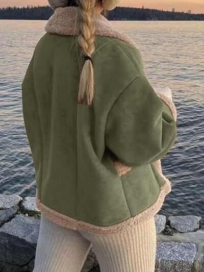 Women’s Fuzzy Collared Long Sleeve Jacket with Button Closure