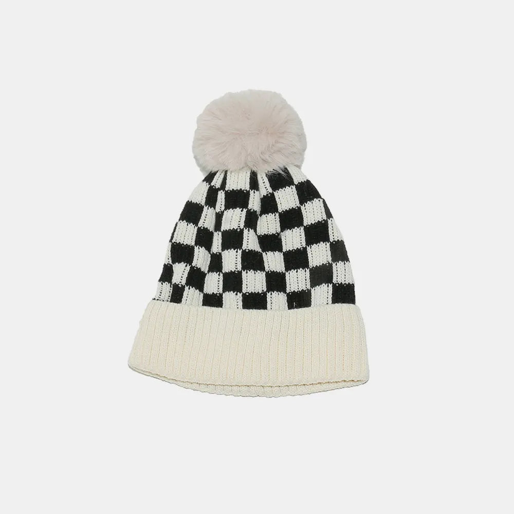 Checkered Knit Beanie with Pompom | Soft Acrylic Winter Hat