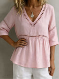 Women's V-Neck Cotton Linen Fringed Top with Hollow-Out Detail - Image 9