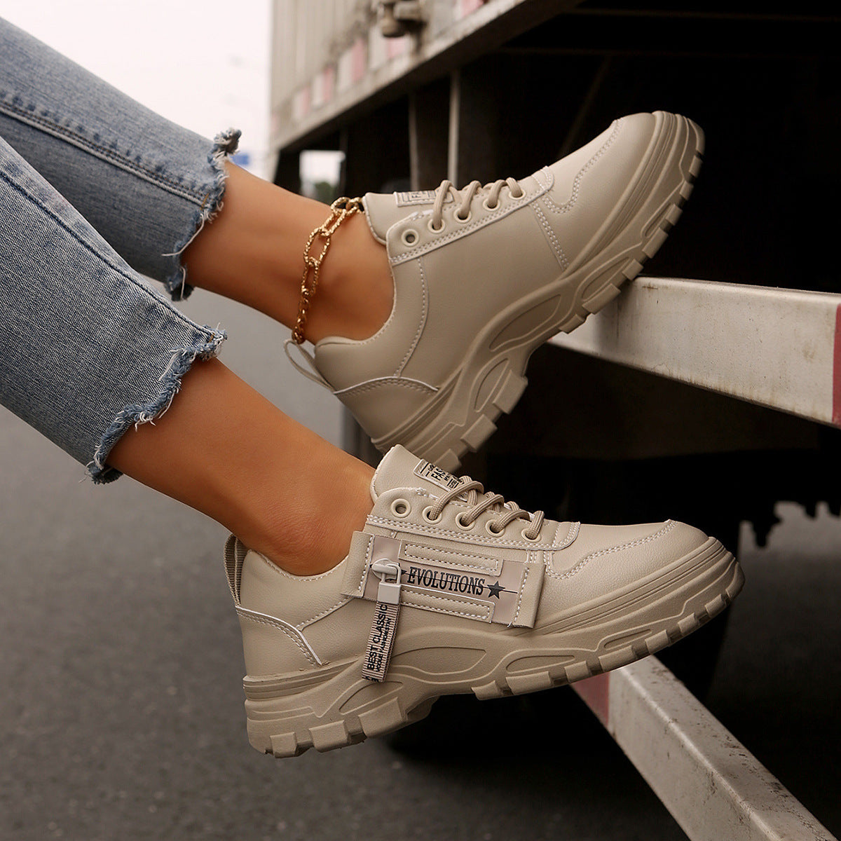 Women's Lace Up Side Zipper Chunky Platform Sports Sneakers - Image 3