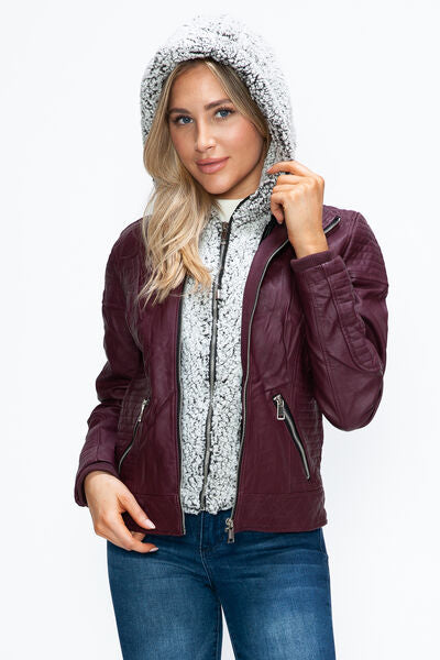 Dual-Zipper Layered Jacket with Fuzzy Hood in Burgundy and Grey