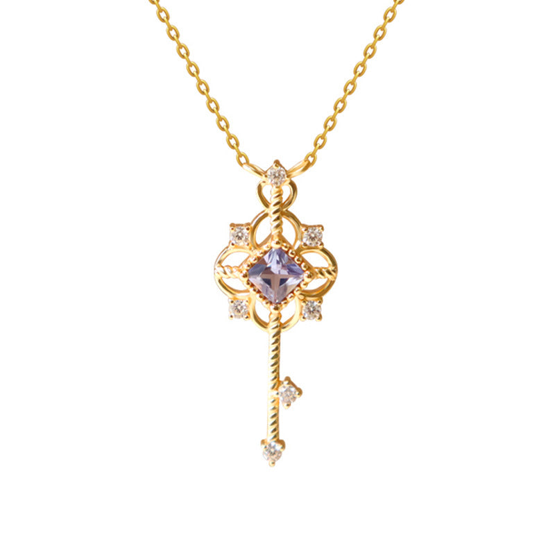 S925 Sterling Silver Roman Purple Key Pendant Necklace