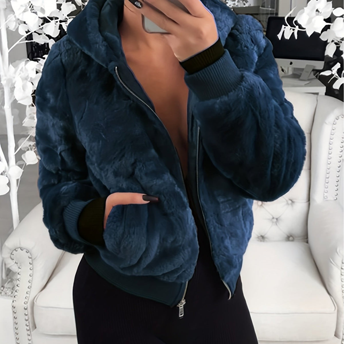 Elegant Hooded Plush Jacket for Autumn Winter Chic