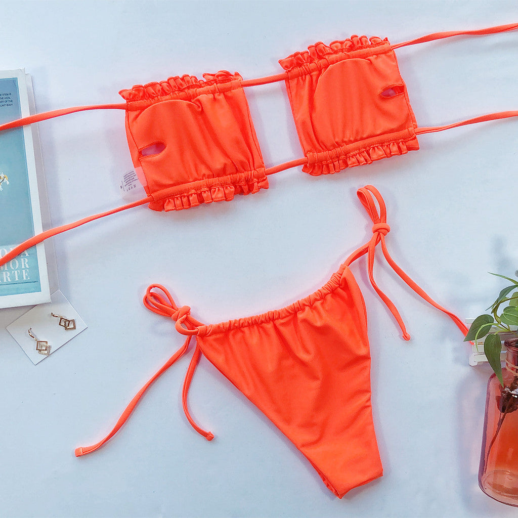 Yellow Ruched Bikini Set with Flirty Frill Trim and Tie Sides - Image 8