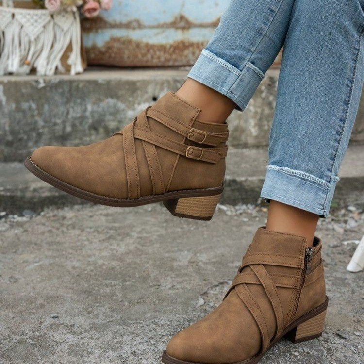 Women's Retro Buckle Ankle Boots Chic Suede Stacked Heel Booties